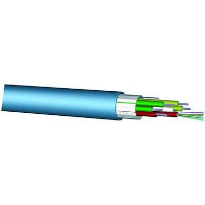 Illustrazione con spaccato di un cavo in fibra ottica che mostra la guaina esterna blu e i filamenti di fibra colorati interni esposti che si estendono verso l'esterno.