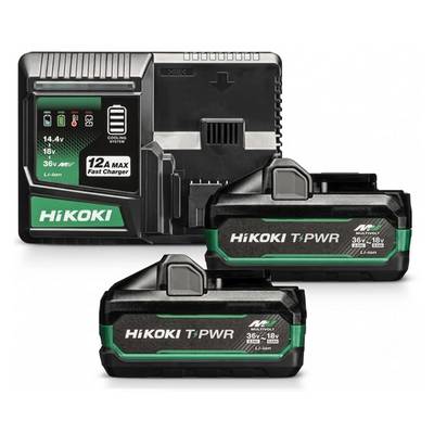 Due batterie agli ioni di litio HiKOKI T-PWR 36V-18V e un caricabatterie rapido da 12A visualizzati su uno sfondo bianco.
