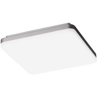 Apparecchio di illuminazione a soffitto rettangolare bianco con angoli arrotondati e una cornice scura, mostrato da sotto su uno sfondo neutro.
