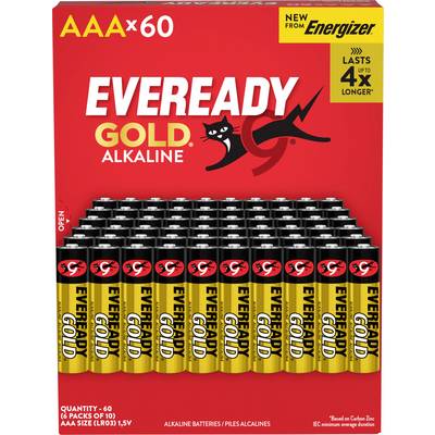 Confezione di 60 batterie alcaline AAA Eveready Gold, con il testo "DURANO FINO A 4 VOLTE PIÙ A LUNGO" e "Novità da Energizer" sulla scatola.