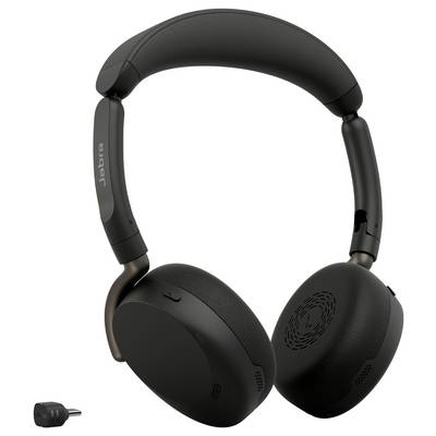 Cuffia Jabra nera over-ear con fascia per la testa imbottita e padiglioni auricolari, mostrata con un piccolo dongle di ricarica.