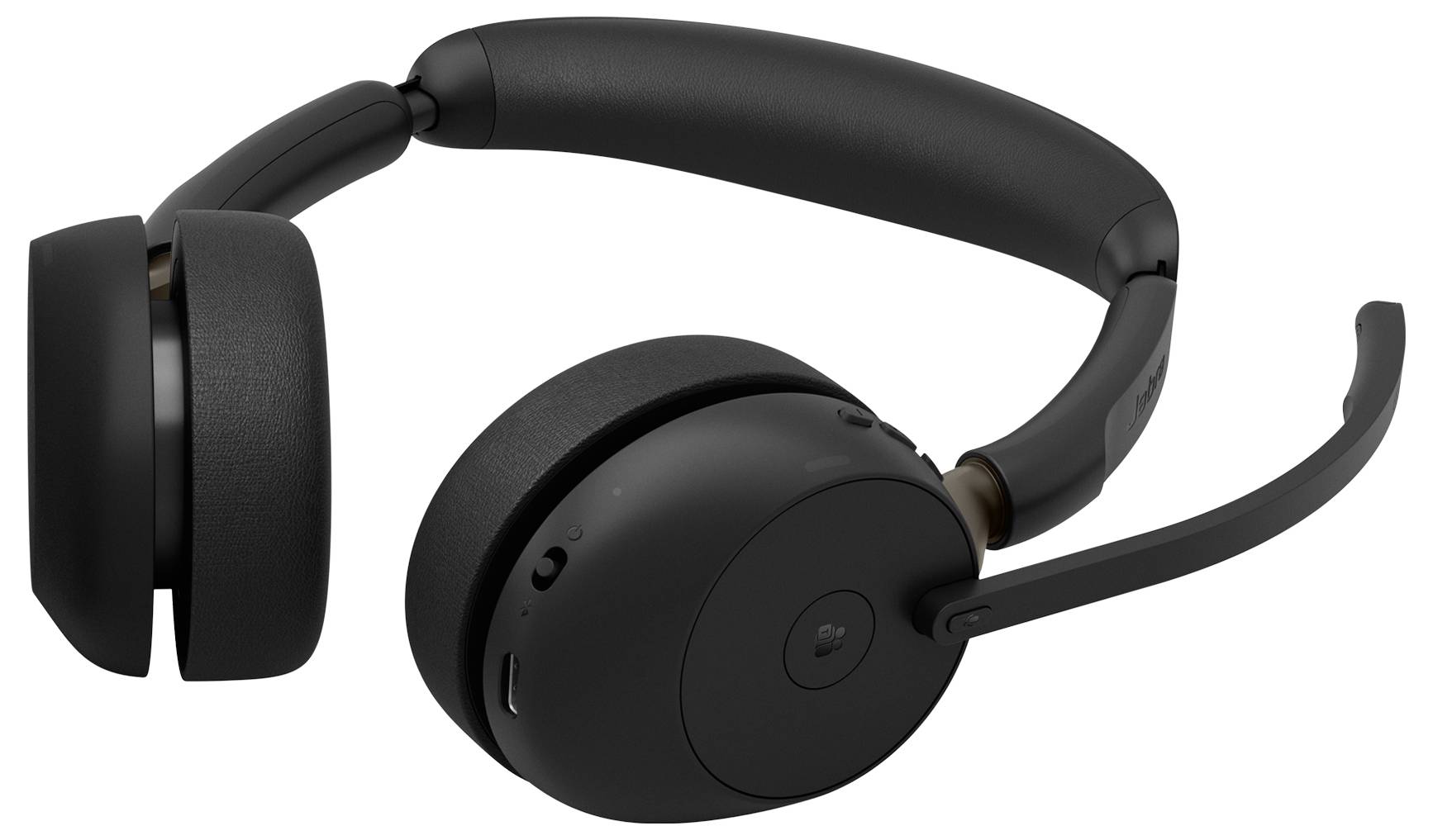 Cuffia wireless over-ear nera con fascia per la testa imbottita, microfono a braccio e padiglioni auricolari grandi e imbottiti su sfondo bianco.