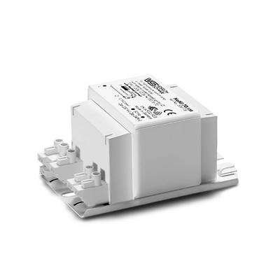 Componente elettrico rettangolare bianco o modulo di alimentazione con base in metallo e terminali a filo, mostrato su uno sfondo bianco.
