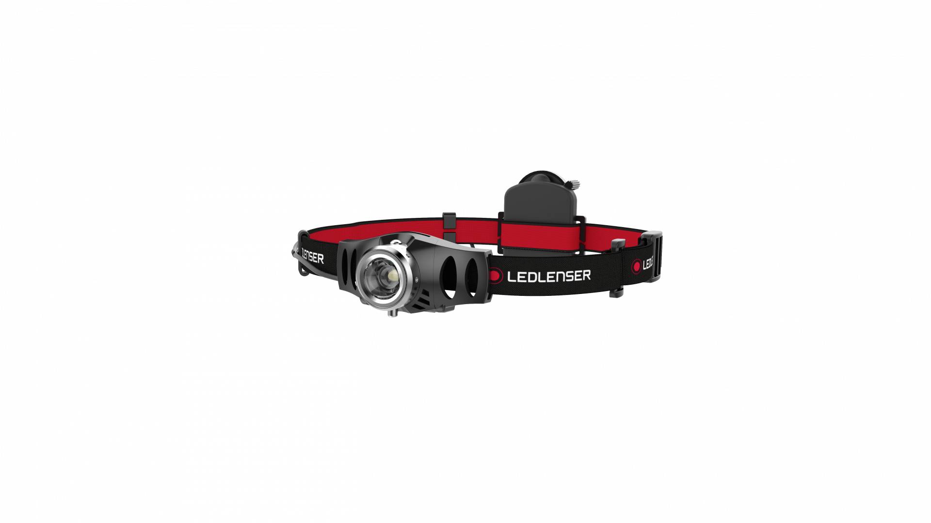 Lampada frontale Ledlenser nera e rossa con cinturino regolabile e modulo di luce anteriore su sfondo bianco.