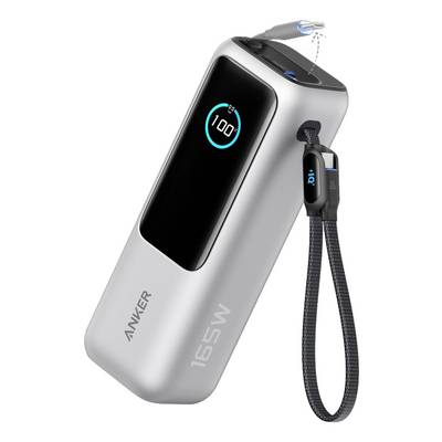 Anker Banca di energia portatile da 165W con cavo USB-C integrato, display LED della batteria e adattatore spina retrattile.