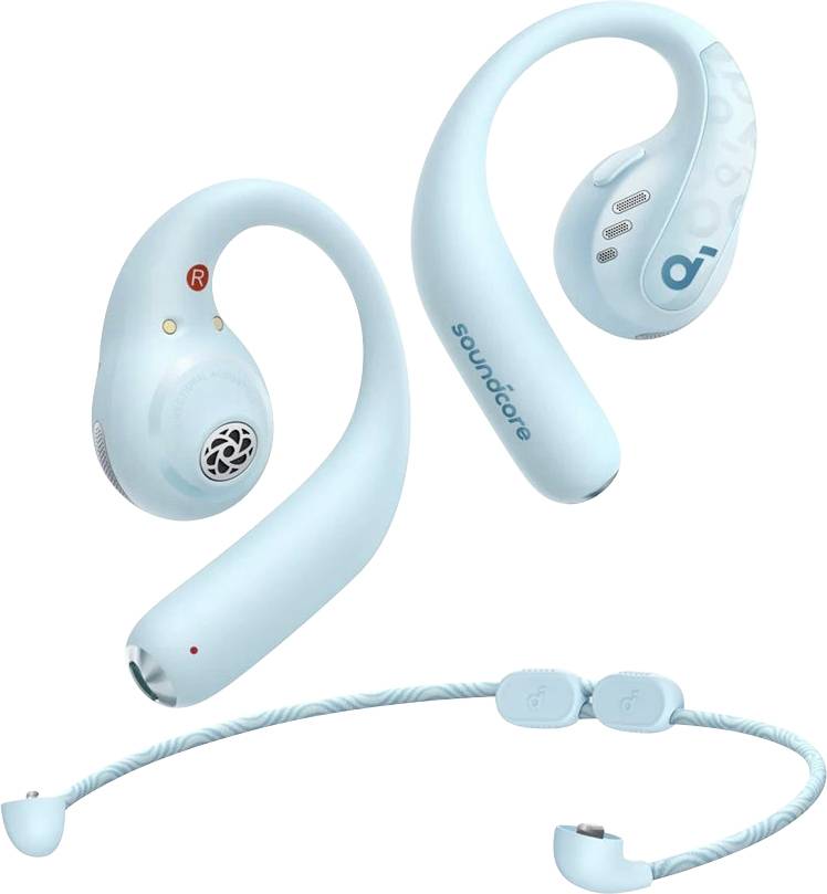 Auricolari Soundcore blu chiaro con archetto collo, ganci auricolari e cavo di ricarica intrecciato, mostrati da più angolazioni su sfondo bianco.