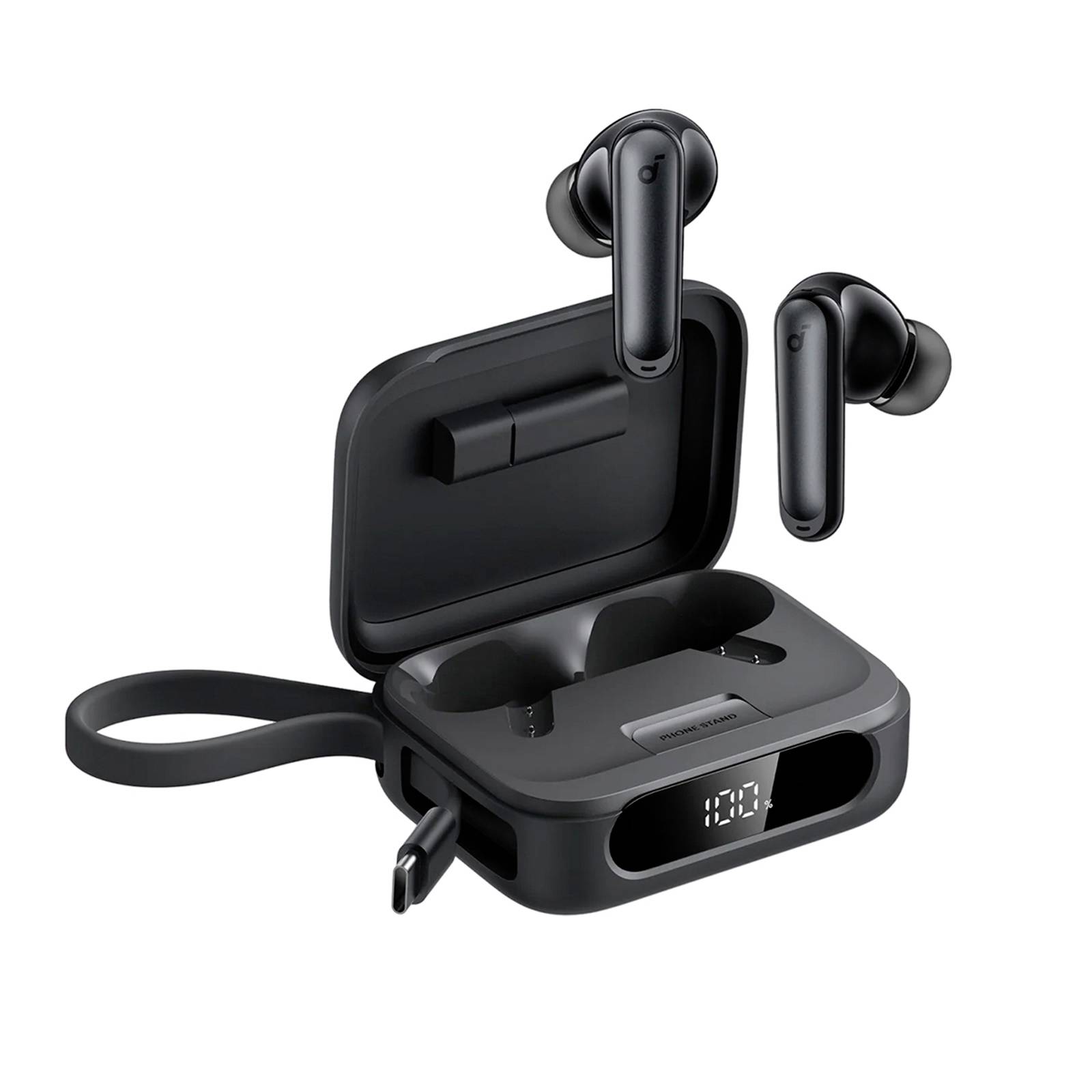 Auricolari wireless neri che fluttuano sopra una custodia di ricarica aperta con display batteria digitale e cinghia attaccata.