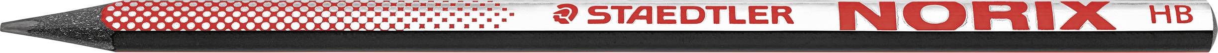 Matita Staedtler Noris HB mostrata in primo piano con motivo a scacchiera rosso e branding su sfondo bianco.