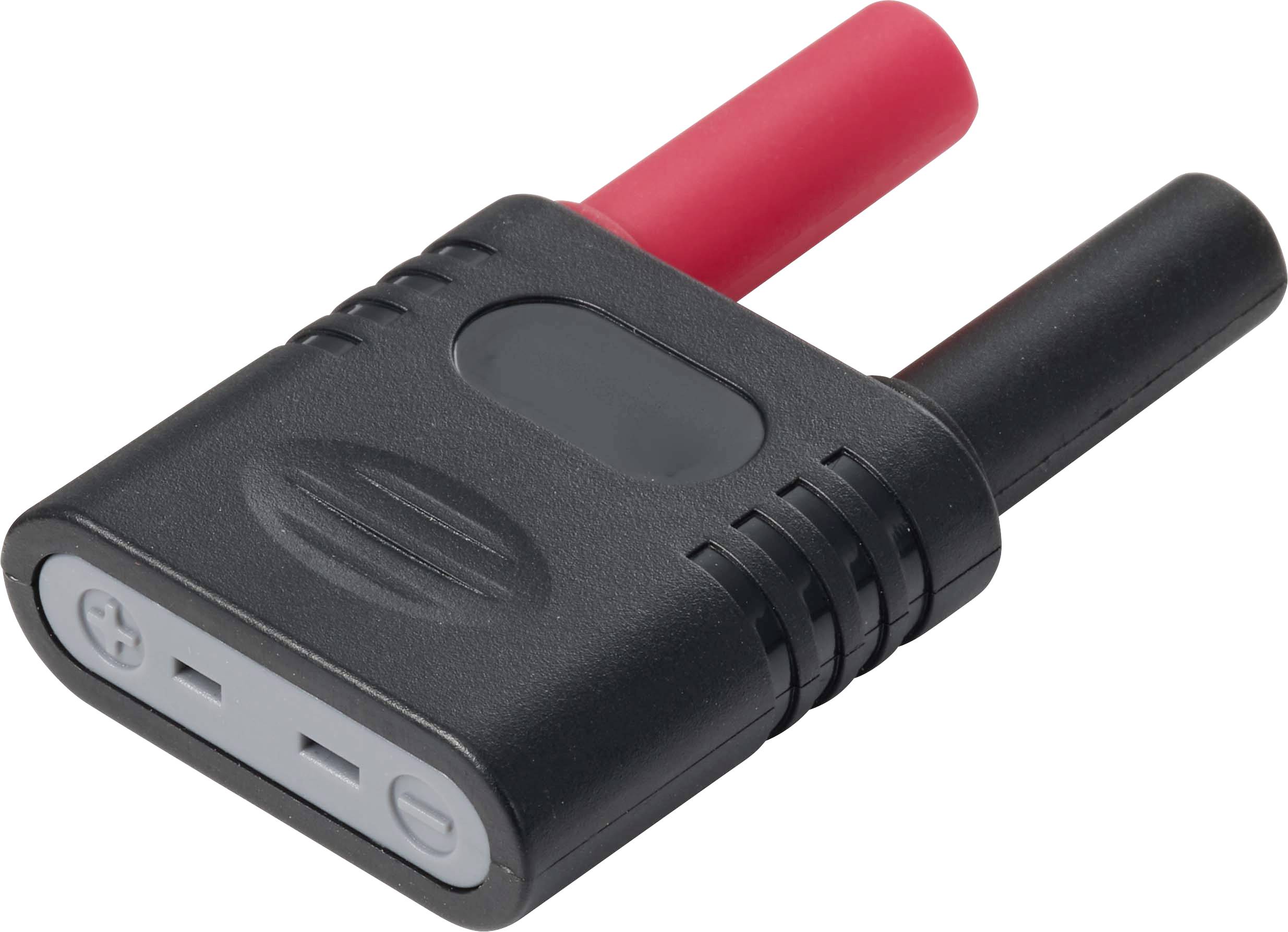 Adattatore per connettore batteria nero con terminali rossi e neri su sfondo bianco.
