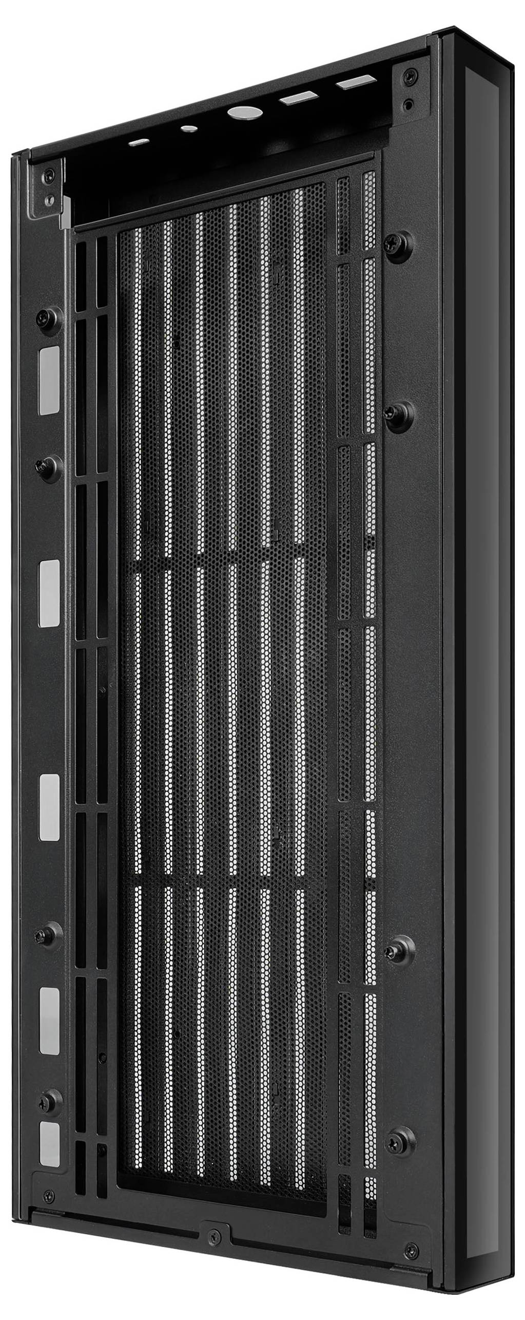 Enclosure murale rettangolare nero con porta in metallo ventilata e maniglie laterali, mostrato chiuso in vista frontale.