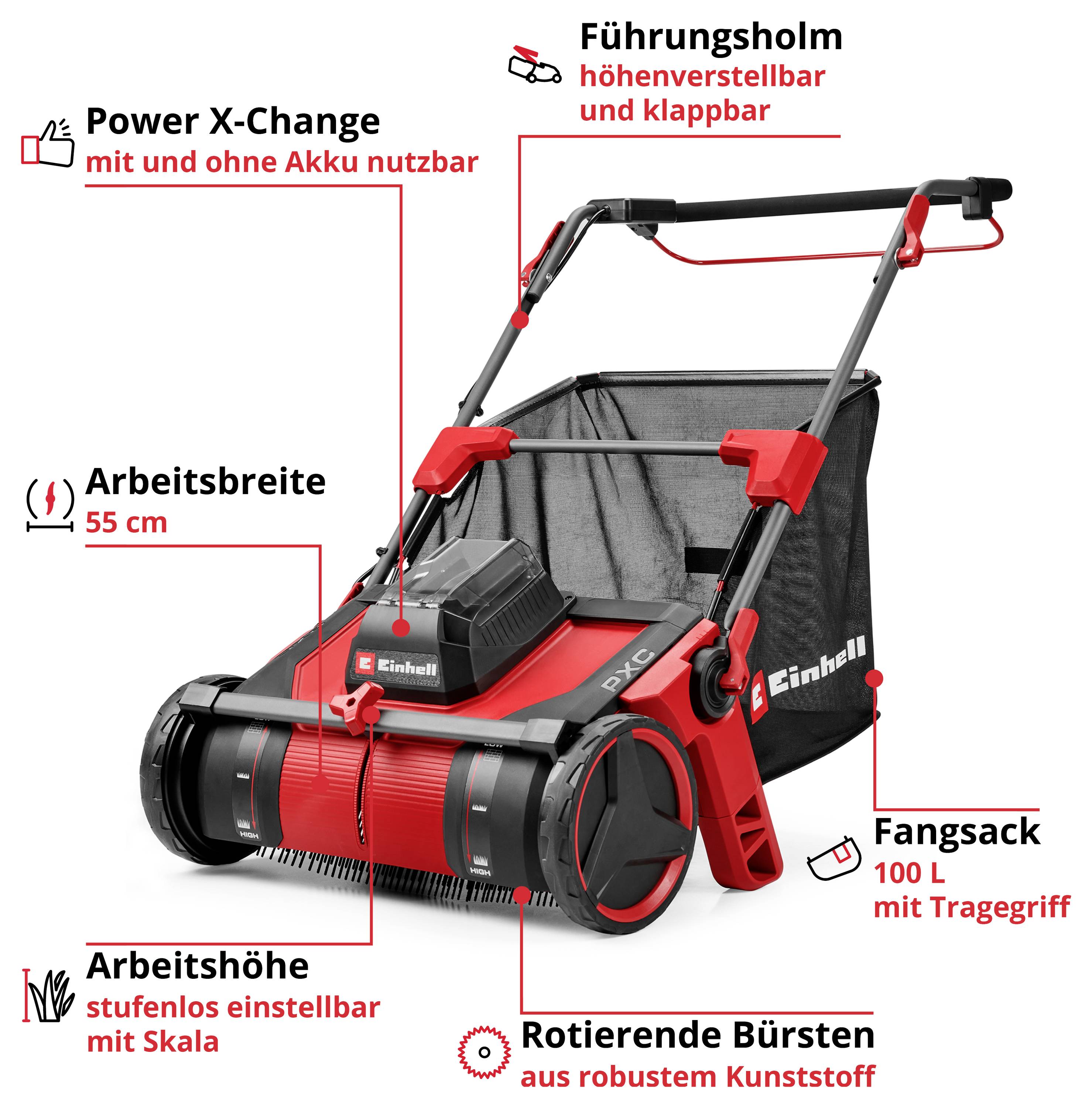 Immagine del prodotto di un tosaerba a batteria Einhell Power X-Change con funzioni etichettate: larghezza di lavoro di 55 cm, altezza di lavoro regolabile continuamente, manico di guida pieghevole e sacco di raccolta da 100 L.