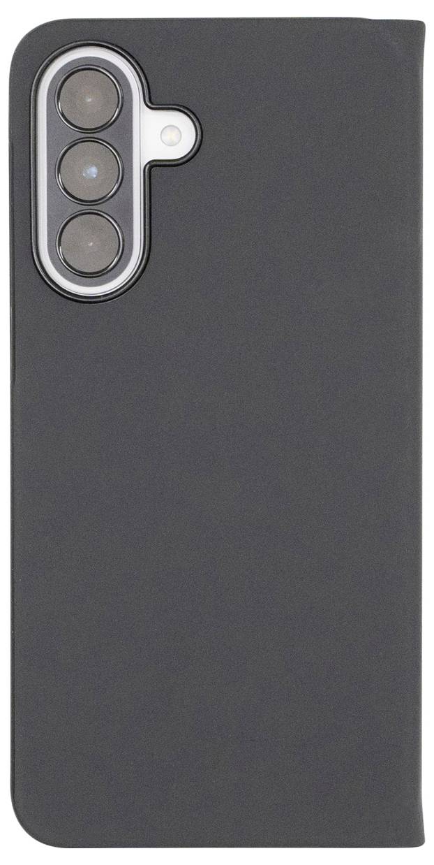 Custodia per smartphone nera con apertura tripla per fotocamera posteriore e foro per flash, mostrata su sfondo bianco.