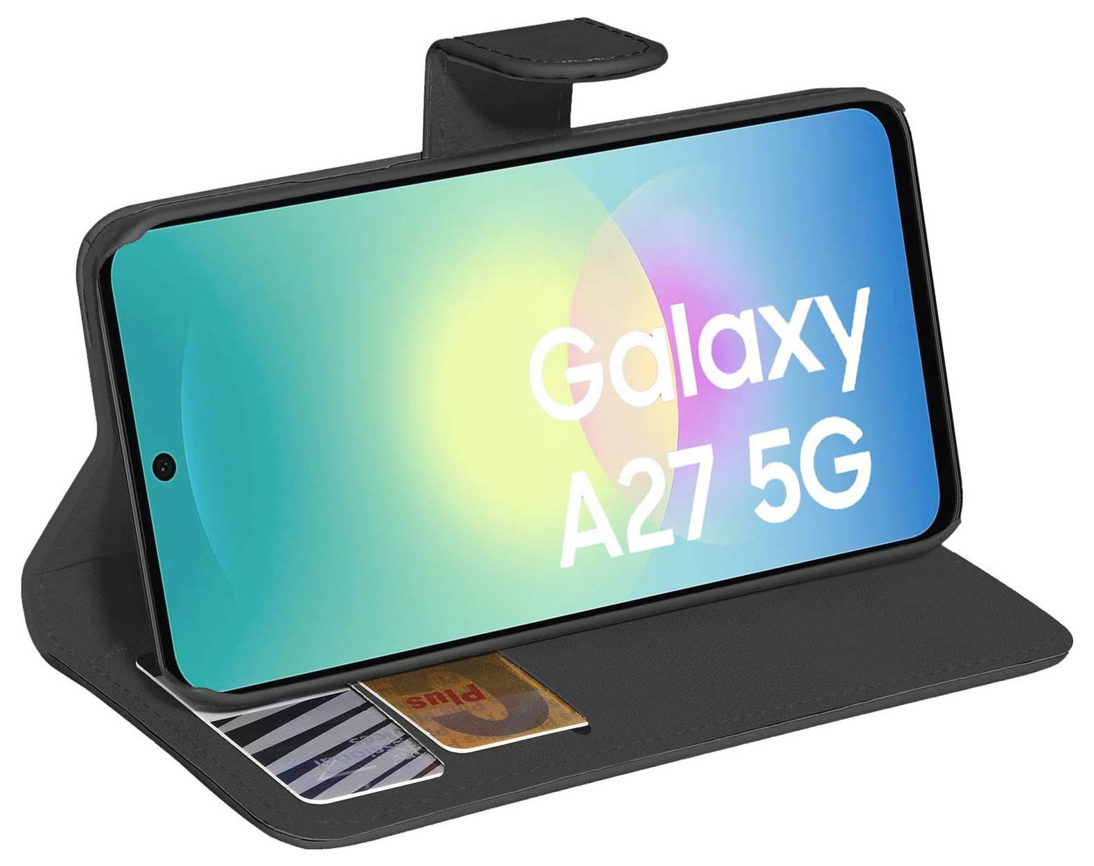 Smartphone Samsung Galaxy A27 5G visualizzato in un supporto di ricarica nero con due schede parzialmente inserite sottostante.