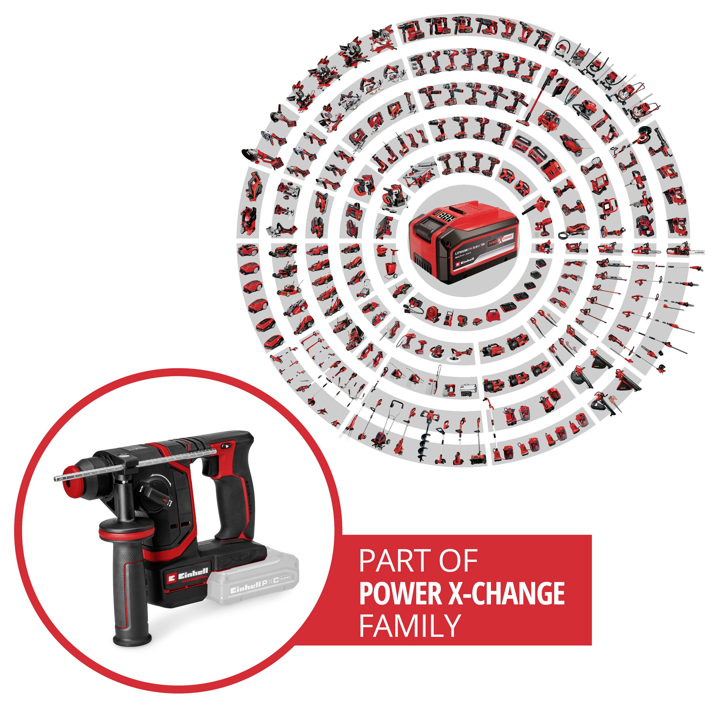 Famiglia Power X-Change con grafica che mostra un trapano martello senza fili e molti accessori utensili compatibili disposti in una presentazione di prodotto circolare.