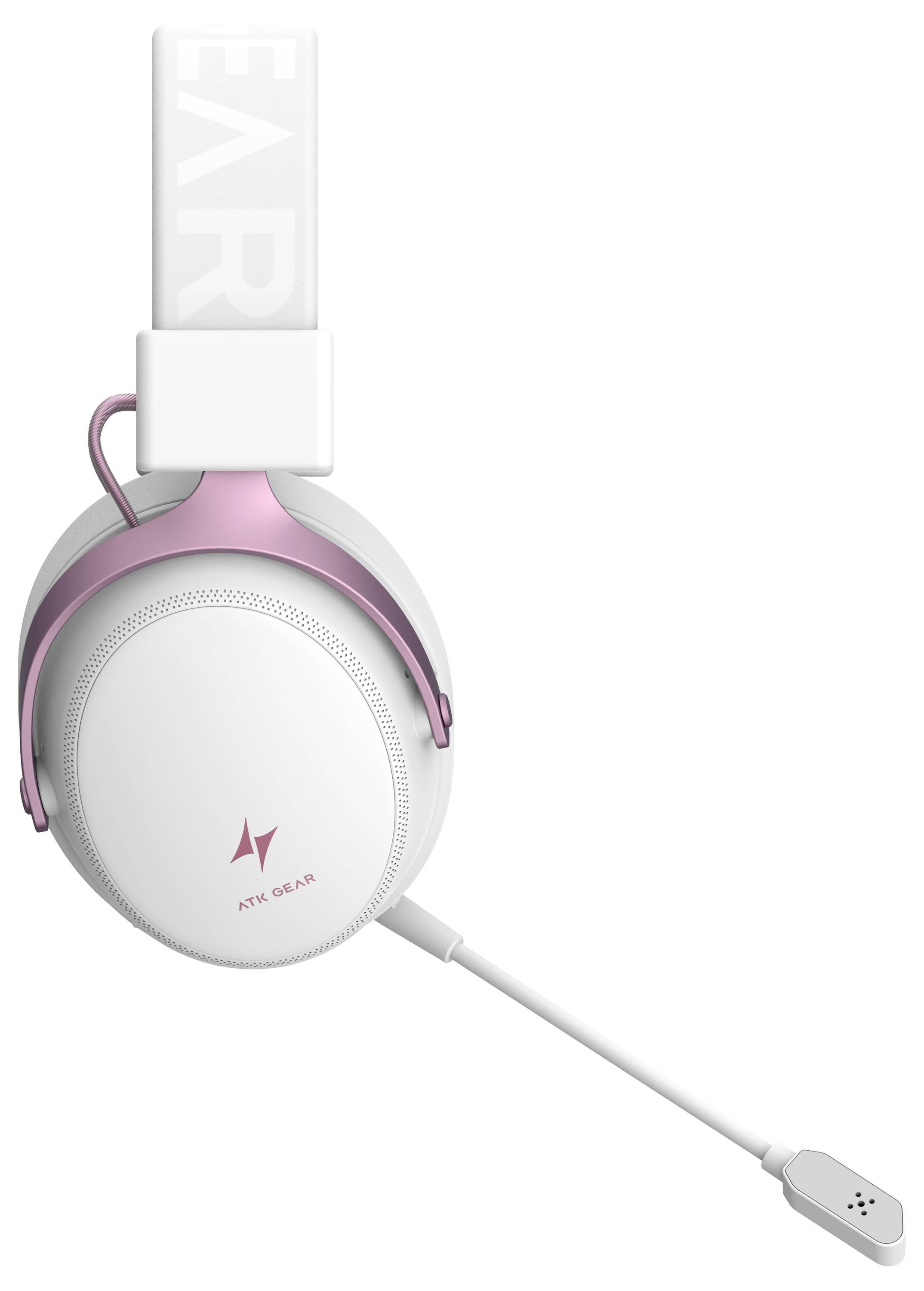 Cuffie over-ear bianche e rosa con microfono integrato e cavo bianco, mostrate isolate su uno sfondo neutro.