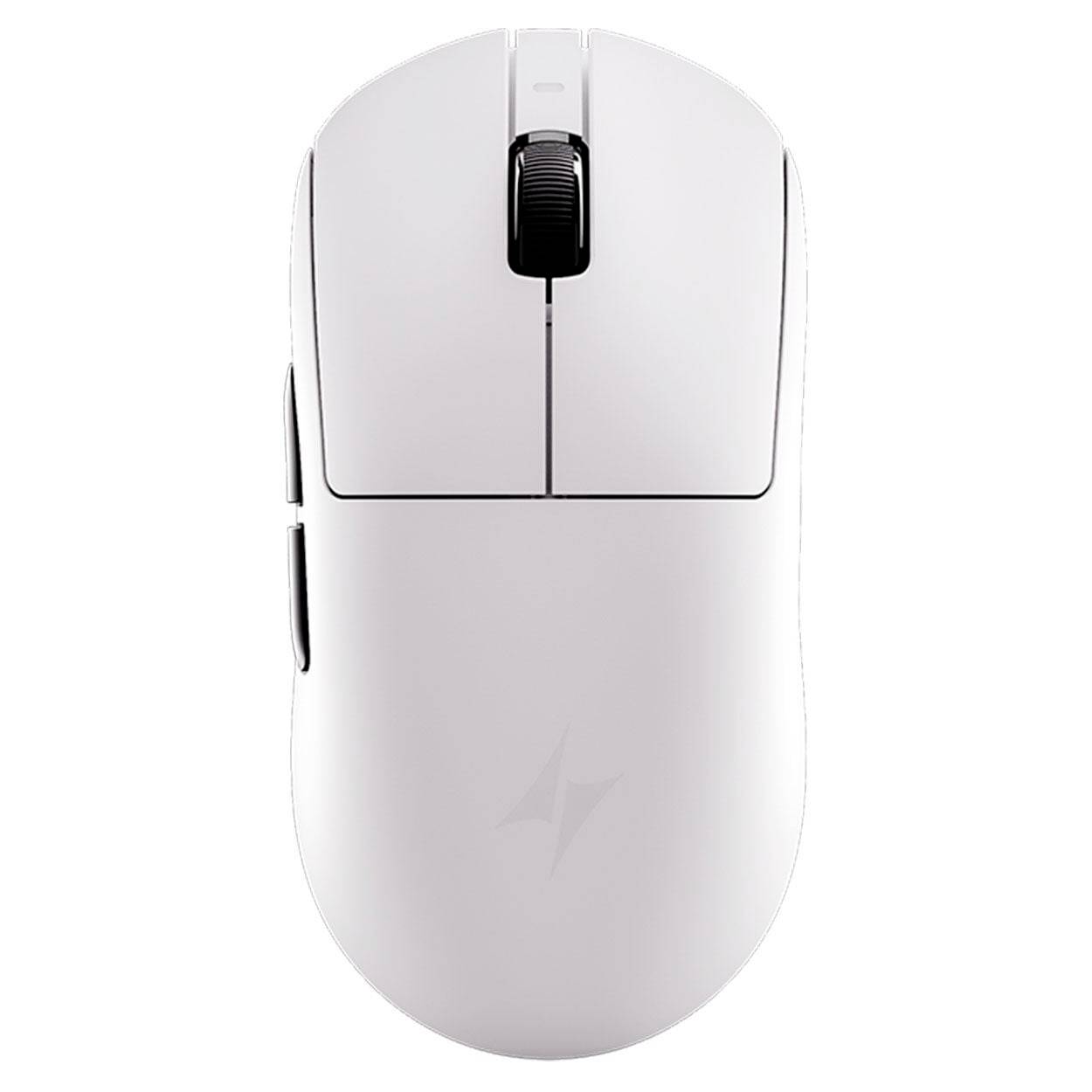 Topo wireless bianco fotografato dall'alto su uno sfondo neutro, con rotella di scorrimento e pulsanti laterali visibili.