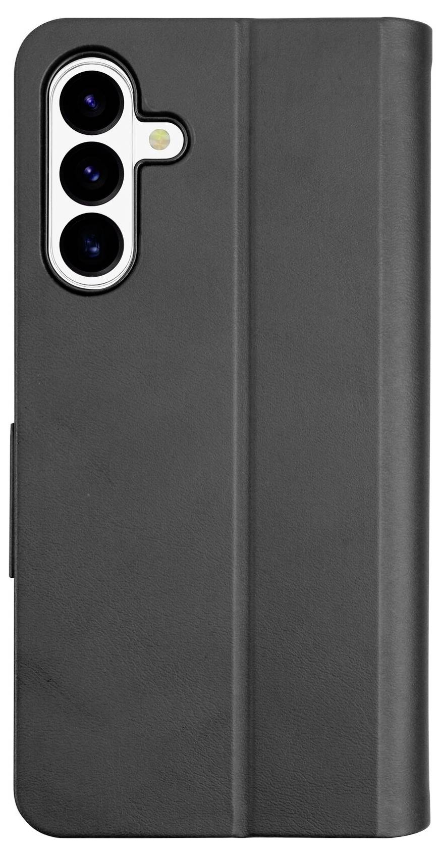 Custodia per telefono folio nera con tre ritagli per fotocamera posteriore e una cucitura laterale, mostrata chiusa su sfondo bianco.