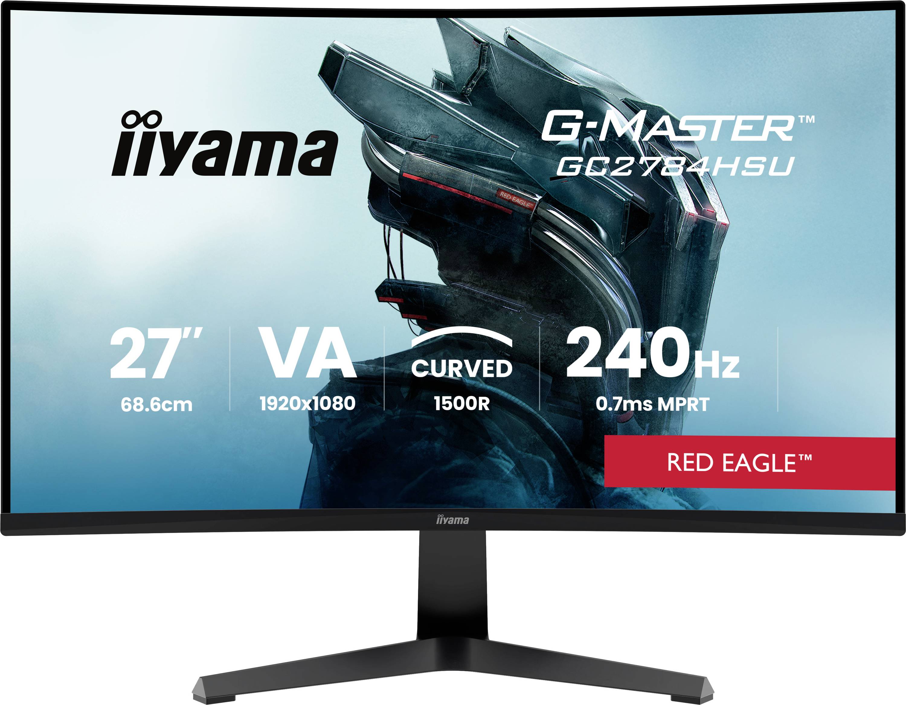 iiyama G-MASTER G2730HSU monitor da gioco curvo che mostra display VA da 27 pollici, risoluzione 1920x1080, frequenza di aggiornamento 240Hz, 0,7ms MPRT e 'RED EAGLE'