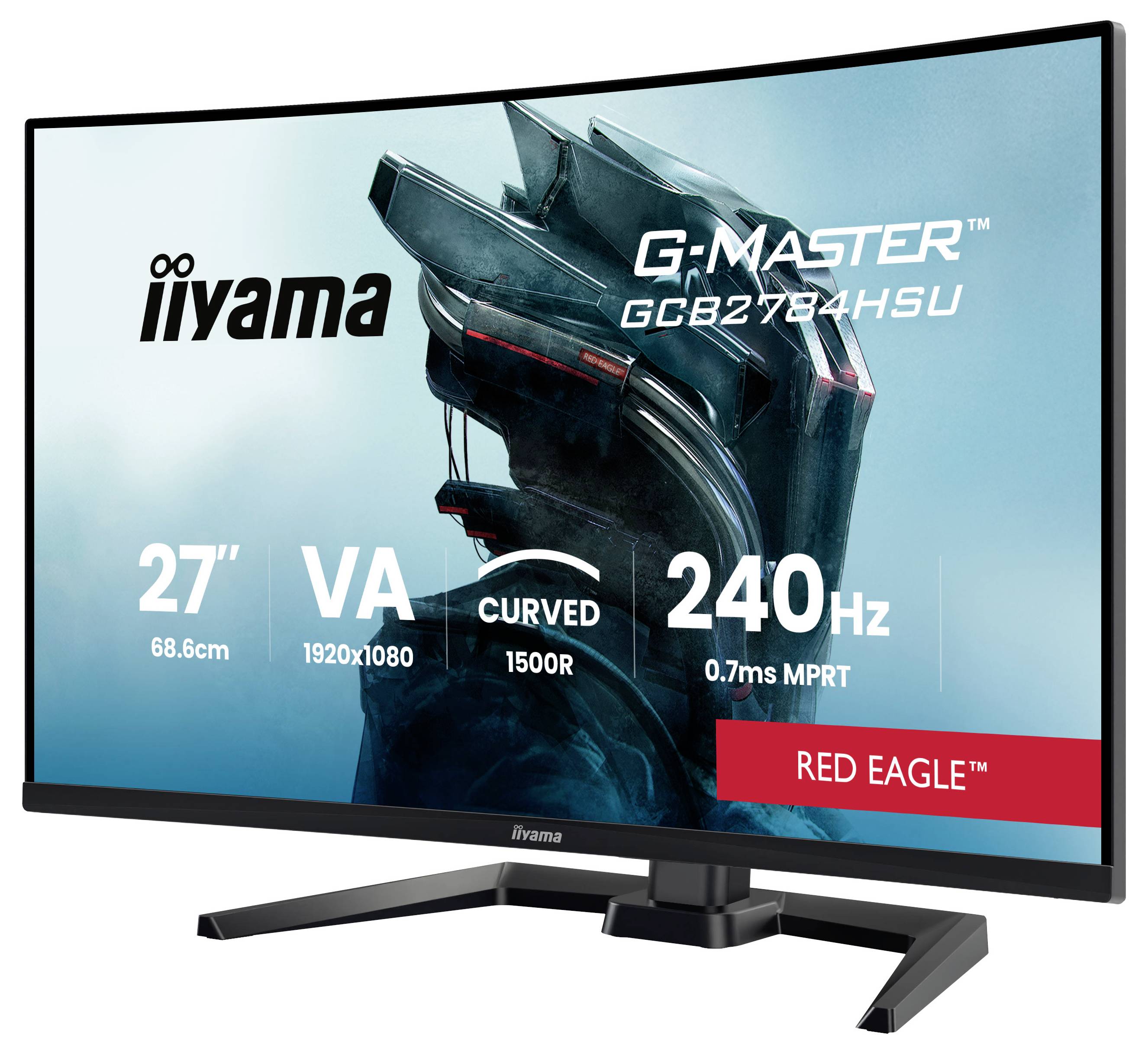 Monitor da gioco iiyama G-MASTER GCB2784HSU mostrato frontalmente, con display VA curvo da 27 pollici 1920x1080, frequenza di aggiornamento 240Hz, MPRT 0,7ms e branding Red Eagle.