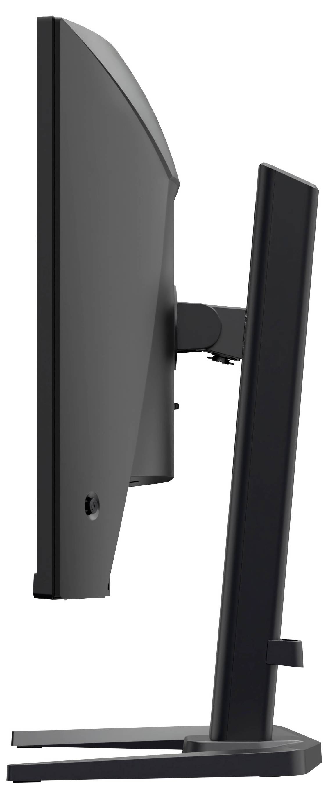 Vista laterale di un monitor a pannello piatto nero su un supporto, che mostra il braccio regolabile e la base.