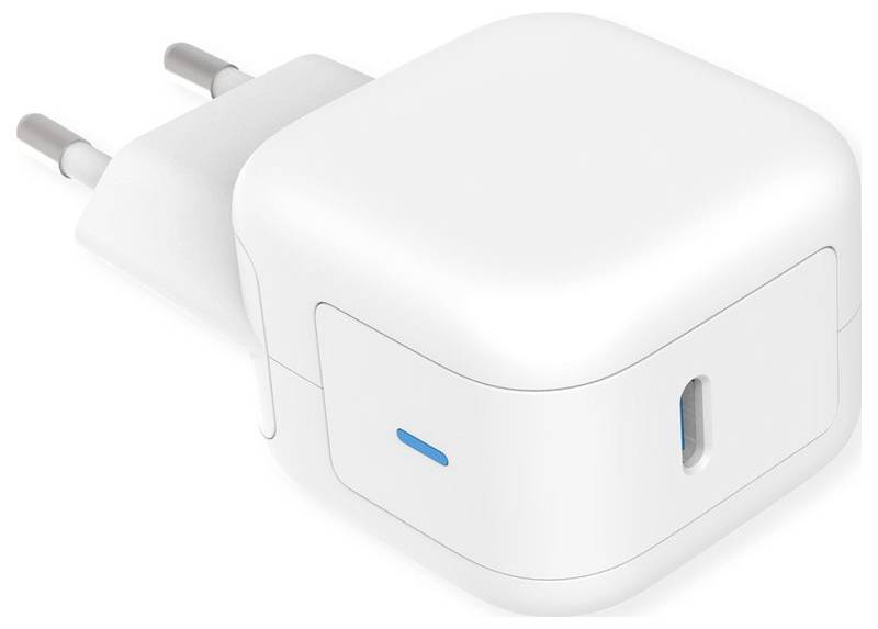 Adattatore caricabatterie USB da parete bianco con spina a due poli e una porta USB, mostrato in 3D su uno sfondo bianco.