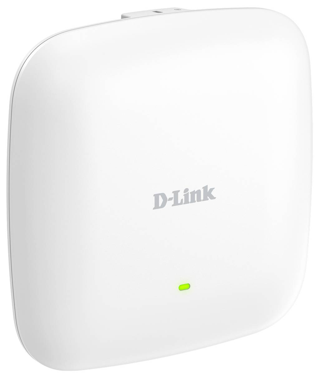 Punto di accesso wireless D-Link bianco con una piccola spia di stato verde su uno sfondo bianco uniforme.