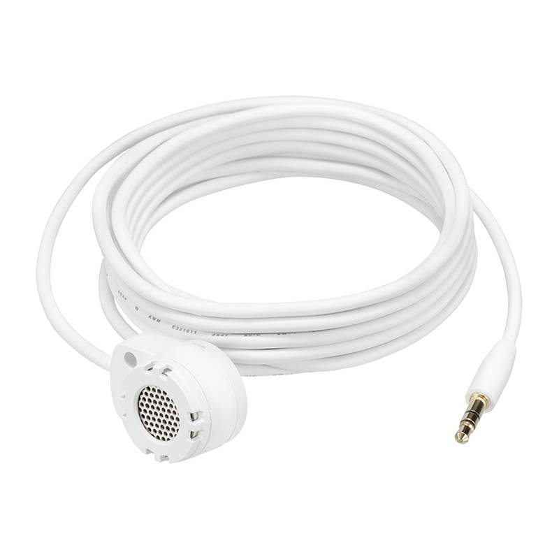 Cavo audio bianco arrotolato con un connettore stile altoparlante rotondo da un lato e una presa audio da 3,5 mm dall'altro.