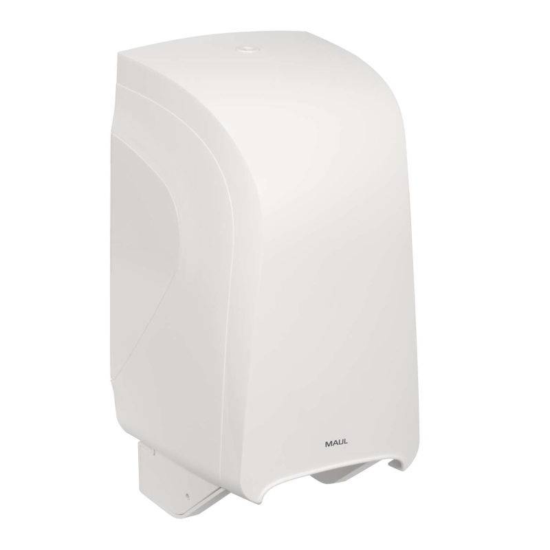 Distributore automatico di asciugamani di carta a montaggio murale bianco con logo MAUL