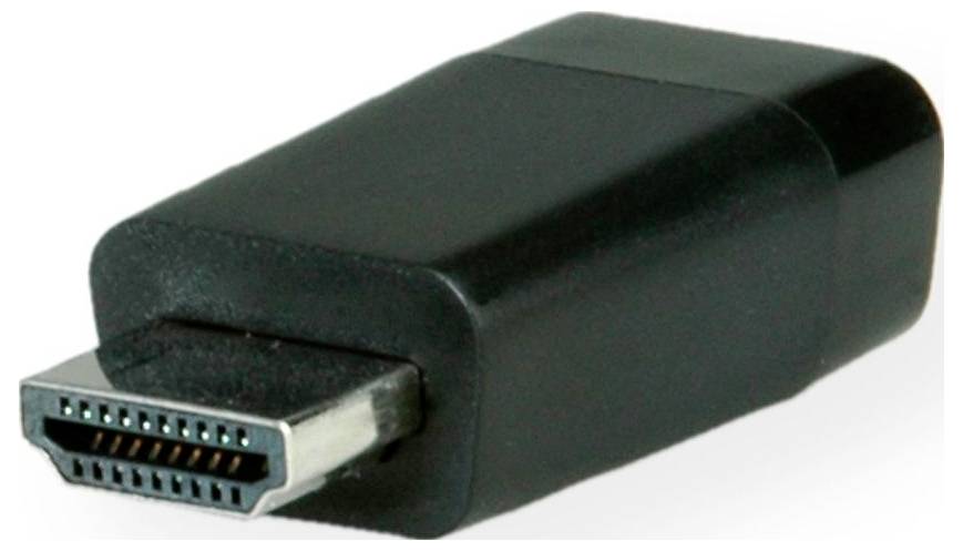 Primo piano di un adattatore HDMI nero con connettore maschio, mostrato su uno sfondo bianco.