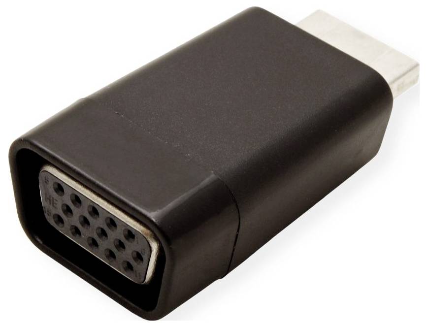 Adattatore USB-C rettangolare nero con una porta multi-pin femmina su un'estremità e una spina USB-C maschio sull'altra.