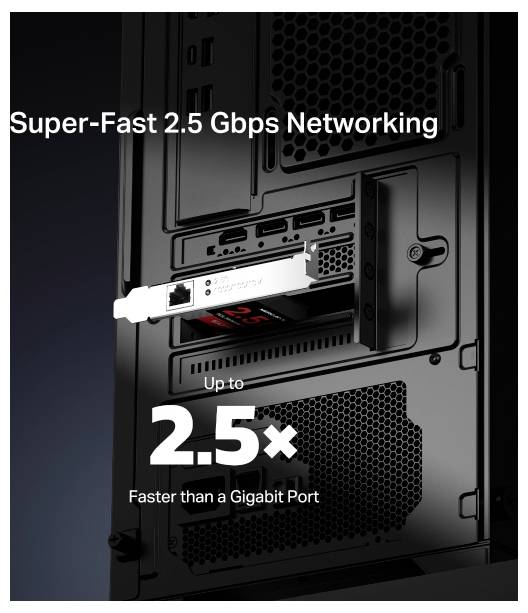 Pubblicità per 'Super-Fast 2.5 Gbps Networking' che mostra un adattatore di rete in un PC con il testo 'Fino a 2.5x più veloce di una porta Gigabit'.