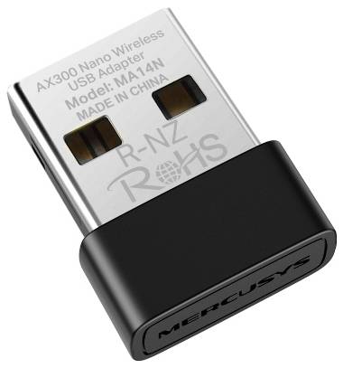 Adattatore wireless USB Mercusys AX300 Nano con cappuccio nero, modello etichettato MA14N e "Made in China".