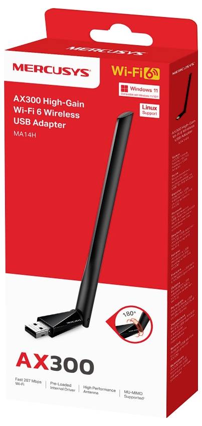 Mercusys AX300 adattatore USB wireless Wi-Fi 6 ad alto guadagno, confezione che mostra l'adattatore, antenna regolabile a 180° e supporto per Windows 11/Linux.