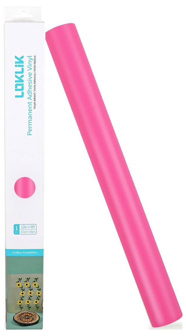 Imballaggio bianco per LK Adhesive Vinyl con un rotolo di vinile adesivo rosa acceso mostrato diagonalmente accanto ad esso.