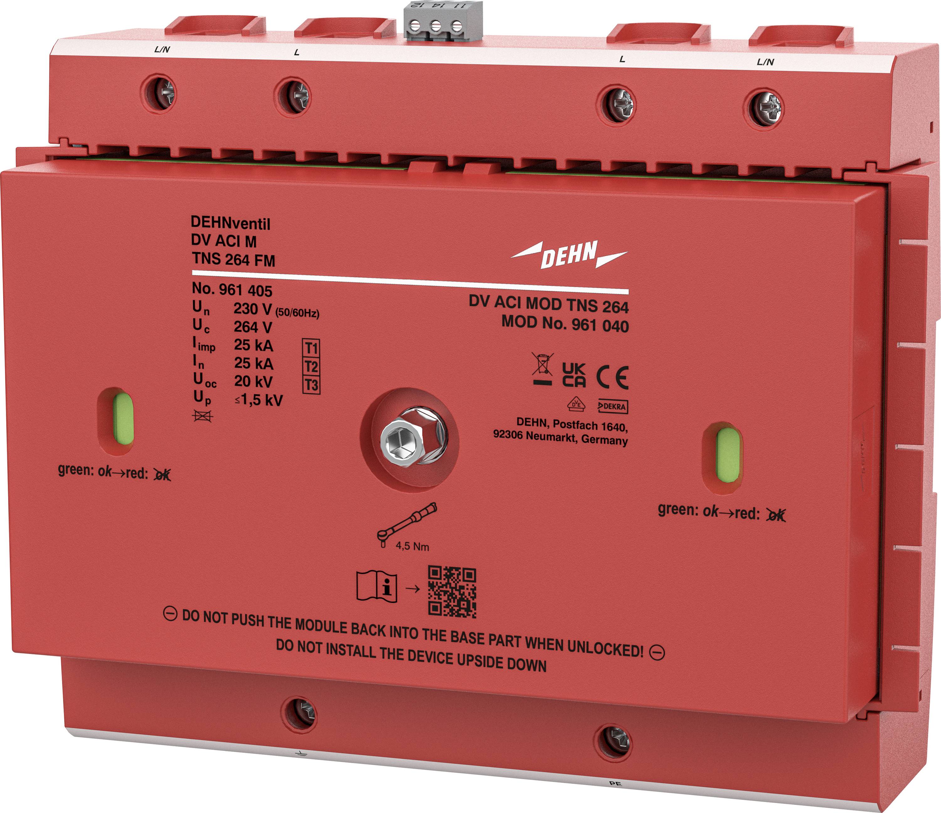 Modulo di protezione da sovratensioni elettriche DEHN rosso con due finestre indicatori verdi e etichette tecniche stampate sulla parte anteriore.