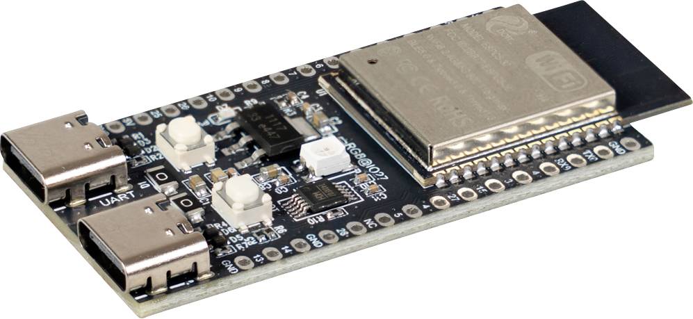Una piccola scheda di sviluppo ESP32 con USB con due porte USB-C, pulsanti e un modulo schermato in metallo su una scheda elettronica nera.