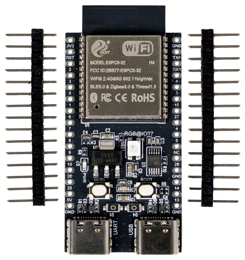 Scheda di sviluppo ESP32-S3 Wi-Fi con doppi connettori USB-C, intestazioni di pin e componenti etichettati su sfondo bianco.