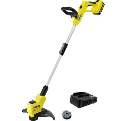 Decespugliatore cordless giallo con albero lungo, mostrato con caricabatterie e bobina di ricambio su sfondo bianco.