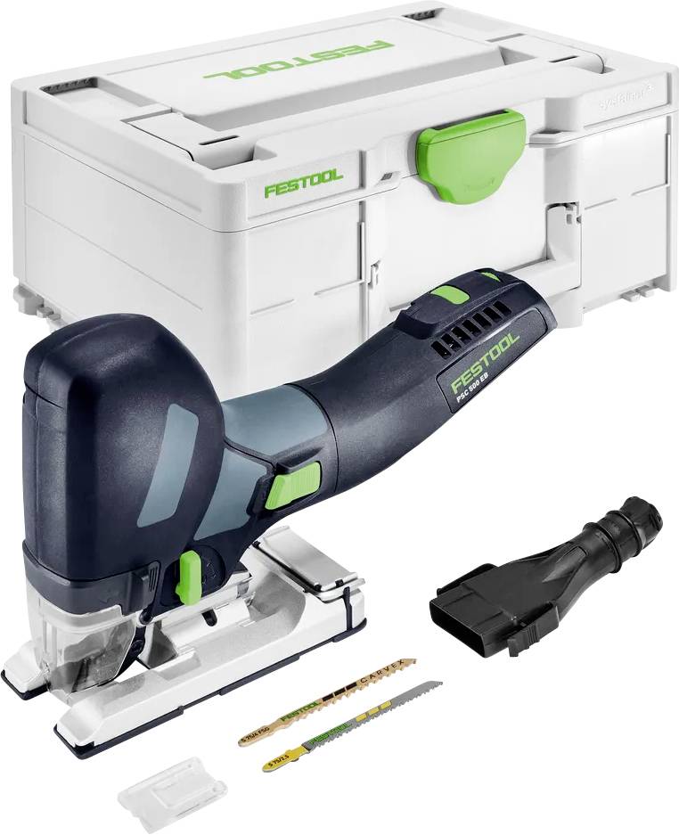 Seghetto alternativo cordless Festool con adattatore batteria, lama, borsa accessori e valigetta di trasporto mostrati su sfondo bianco.