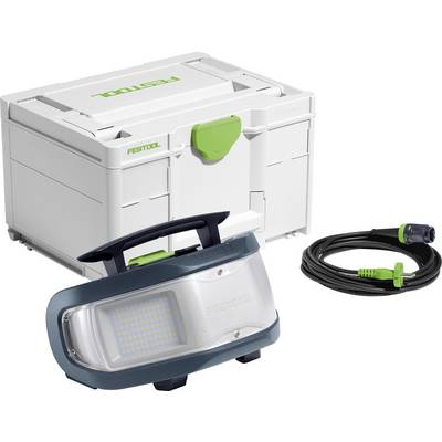 Lampada portatile Festool con batteria, cavo di alimentazione e custodia di stoccaggio su sfondo bianco.