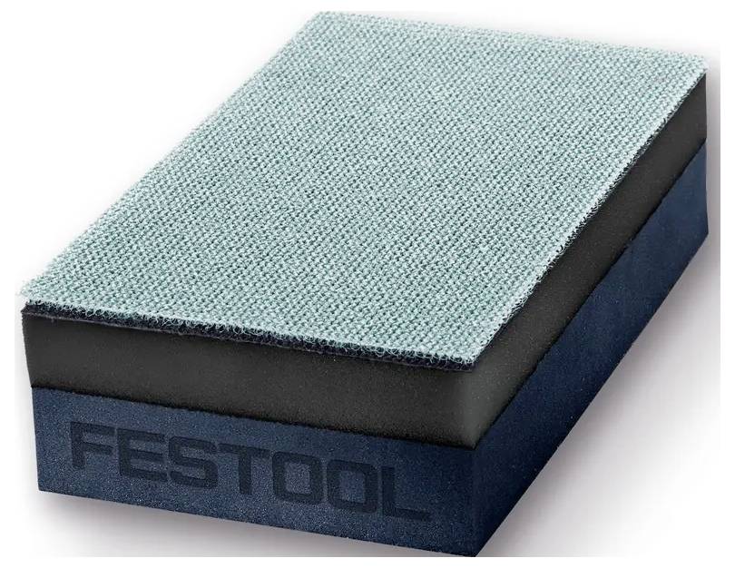 Un blocco abrasivo Festool per levigare con parte superiore in teal strutturato e lati blu scuro, mostrato da un'angolazione su uno sfondo bianco.
