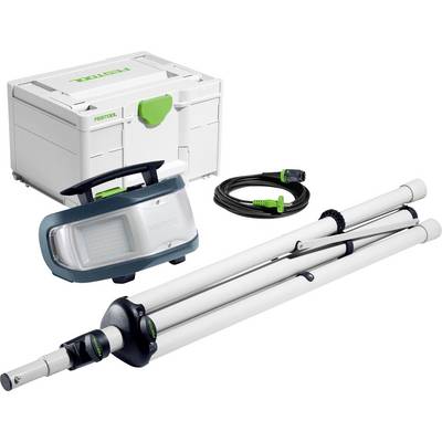 Kit di luce portatile per lavoro con custodia da trasporto, cavo di alimentazione e due supporti treppiede per luci telescopici.