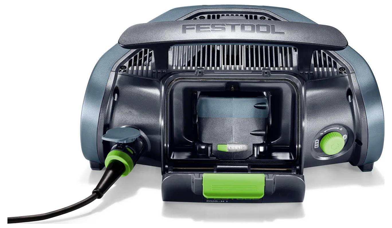 Vista frontale di un aspirapolvere portatile Festool con tubo collegato, corpo nero e blu-verde, controlli verdi, mostrato su uno sfondo bianco.
