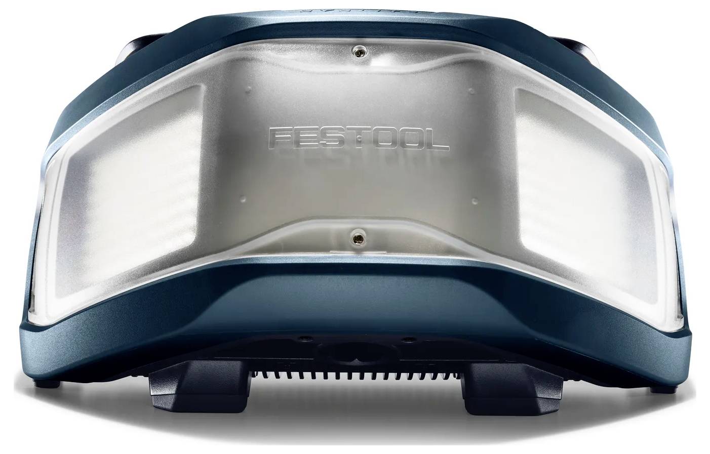 Una lampada da lavoro cordless Festool con lente frontale argentata e corpo color teal, mostrata di fronte su uno sfondo bianco.