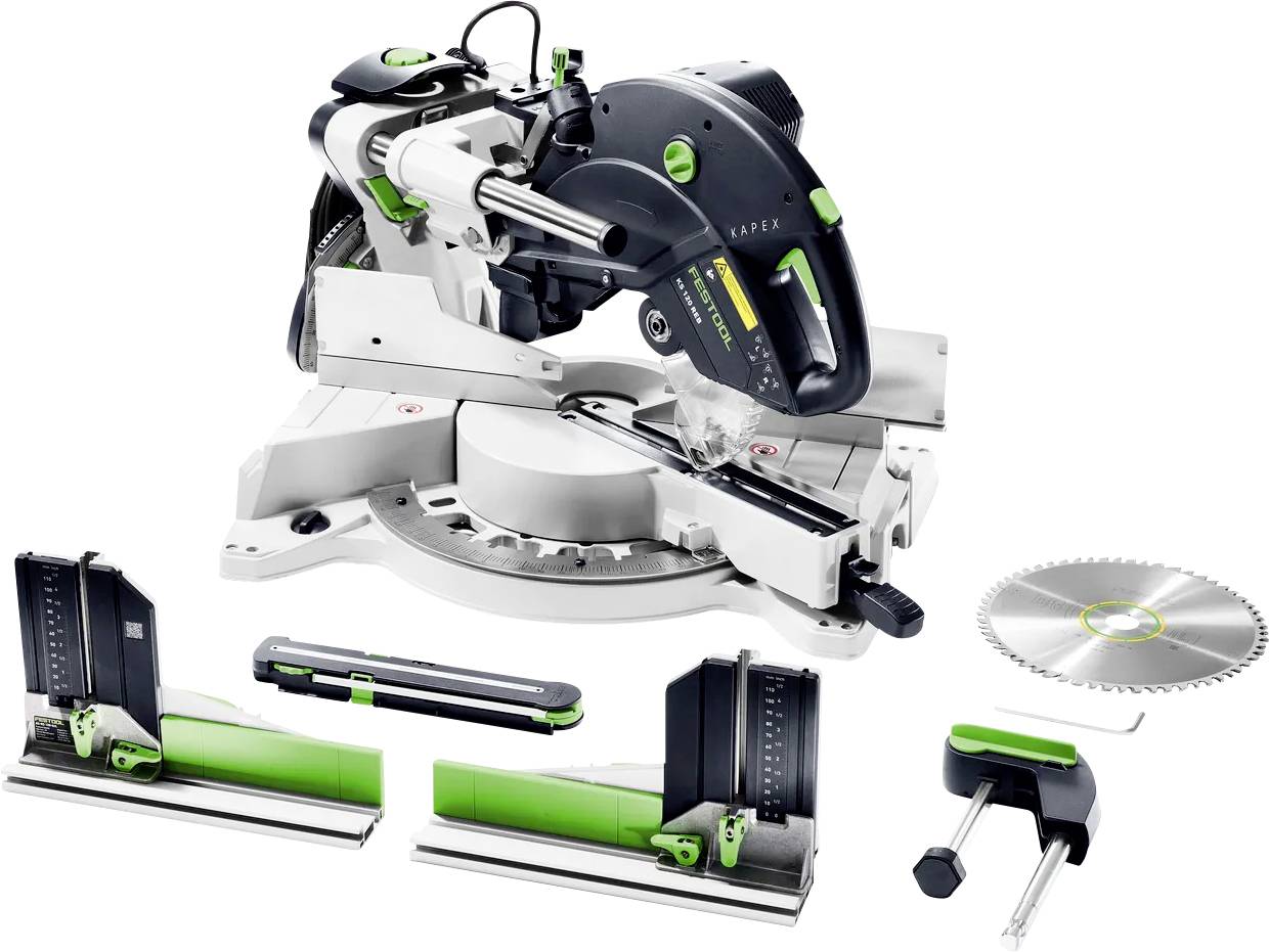 Immagine del prodotto di una sega a taglio multiplo con vari accessori e allegati, mostrata con componenti di taglio separati e guide su sfondo bianco.