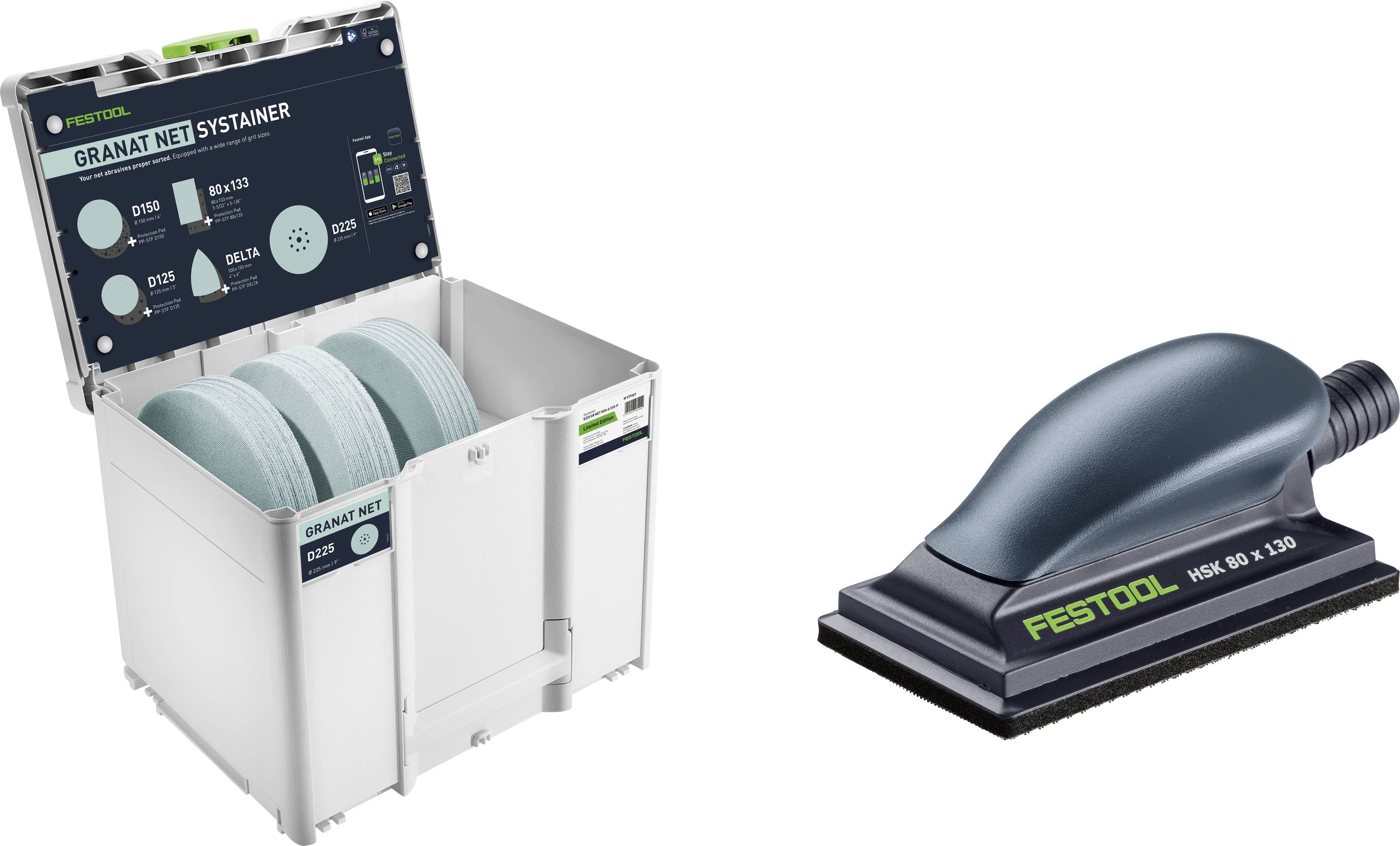 Scatola Festool Systainer con dischi abrasivi a sinistra e un blocco per levigatura Festool con tubo aspirazione collegato a destra.