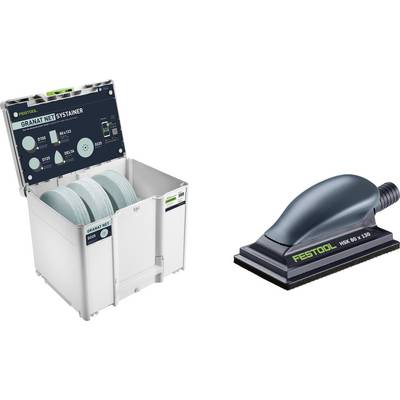 Scatola Festool Systainer con dischi abrasivi a sinistra e un blocco per levigatura Festool con tubo aspirazione collegato a destra.