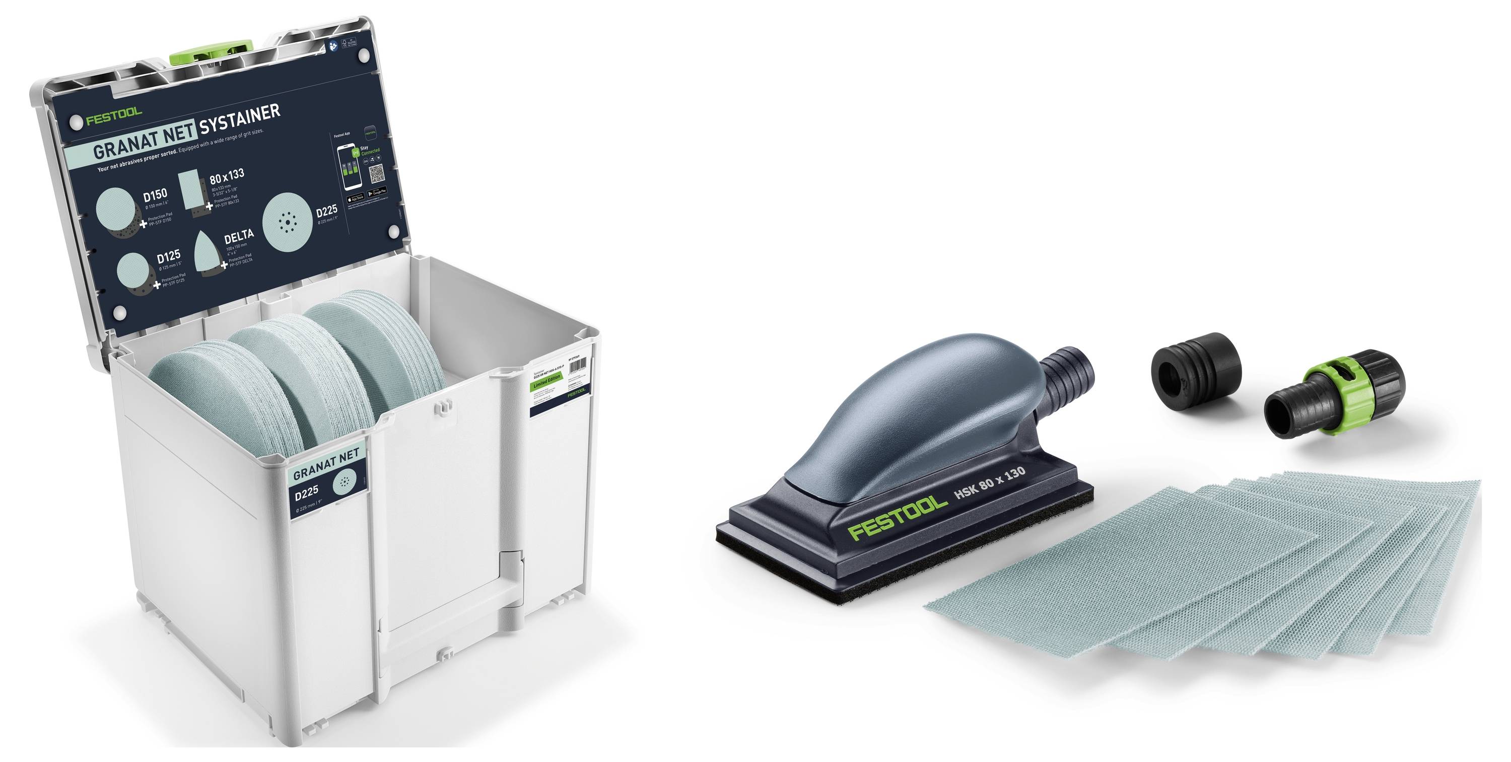 Kit abrasivo Festool Granat Net Systainer, che mostra una scatola di immagazzinamento con dischi abrasivi, un tampone levigatrice, adattatore e fogli abrasivi a rete.