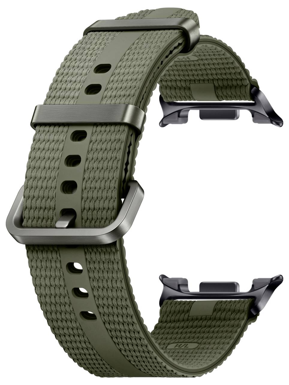 Cinturino per smartwatch tessuto verde oliva con fibbia in metallo e attacchi in metallo su sfondo bianco.