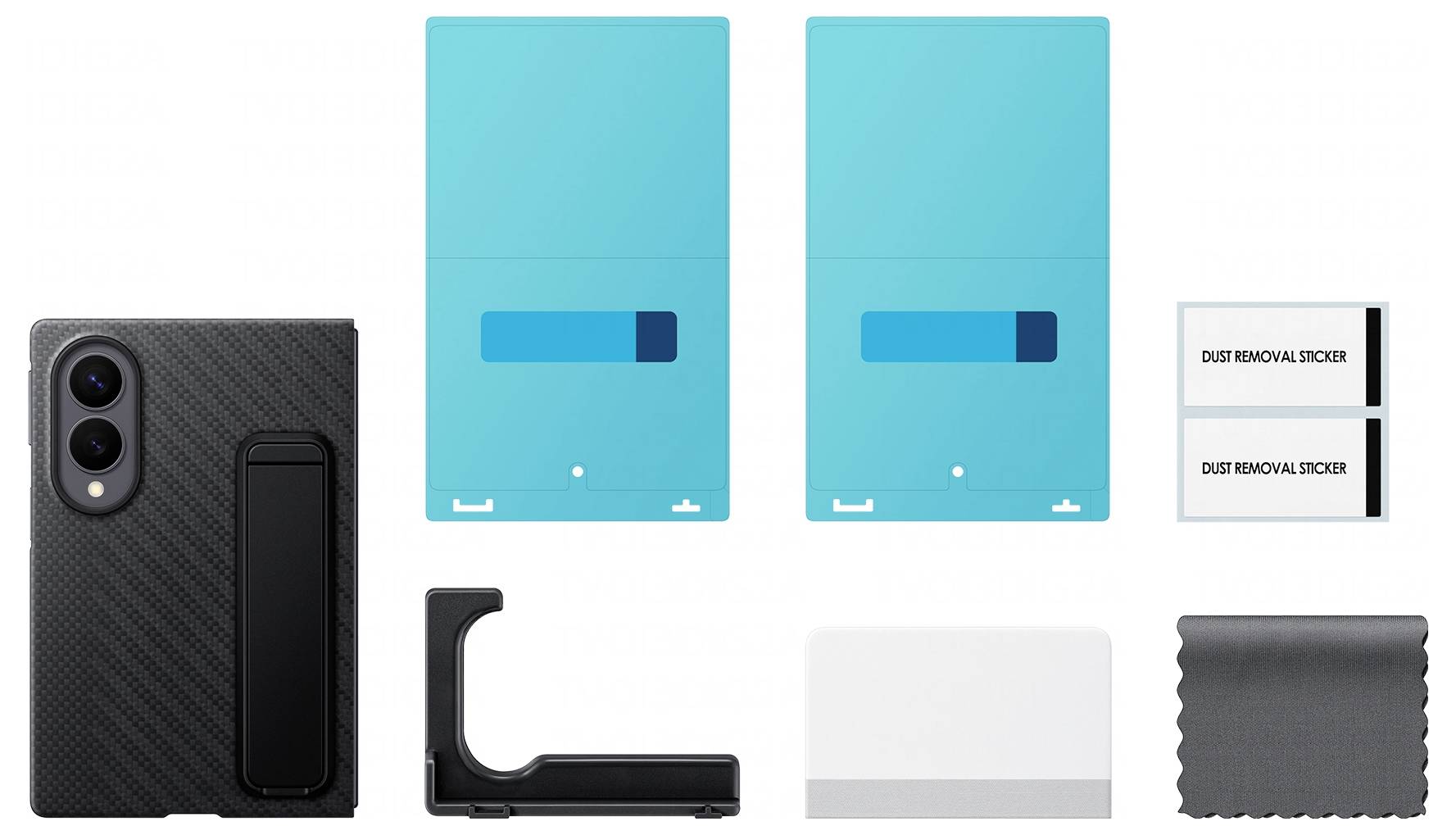 Kit per custodia telefonica con custodia nera in tessuto, due vassoi di installazione blu, adesivi per la rimozione della polvere, uno strumento per il telaio, panno per la pulizia e guida informativa.